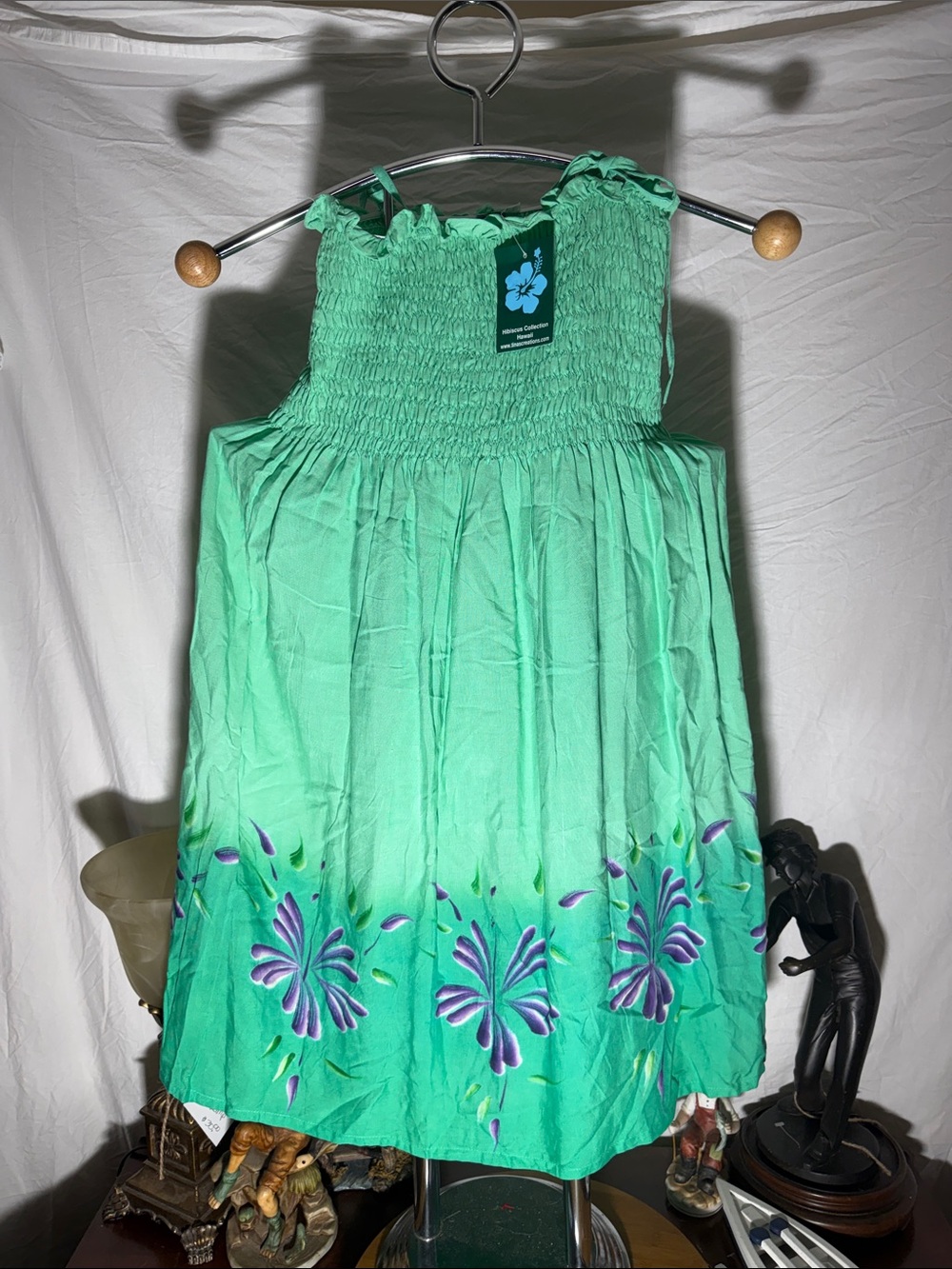 Green Strapless Smocked Dress with Purple Floral Hem